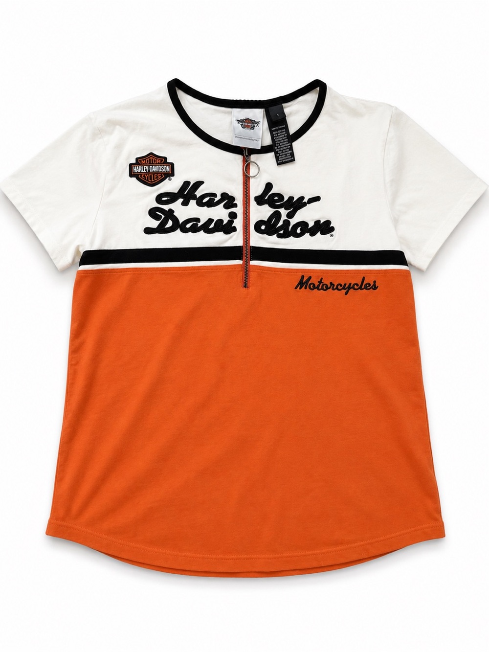 Harley-Davidson Orange, White and Black Short Sleeve Zip-Front Tee, Sz L, euc